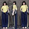 Traje Vintage Americano para Mujer Verano Nuevo Holgado Bordado con Letras Manga Corta Rayas Laterales Pantalones de Pierna Ancha Conjunto Casual de Dos Piezas