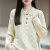 Pulôver de lã grossa de gola lapela de três botões, trançado vintage, modelagem solta, para mulheres, para outono e inverno