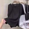 Oferta Especial [Calidad Original] Camiseta de Manga Corta con Cuello en V para Mujer Color Puro Simple Abertura Bajo Redondo Top Blanco Gris Oscuro
