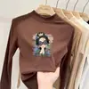 Camada base estampada para meninas, fleece dupla face, outono/inverno, gola alta, manga longa, camiseta interna estilosa e quente para crianças maiores