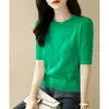 Verão Branco usar curto gola redonda meia alta solto modelador manga curta camiseta malha feminina nova blusa de base