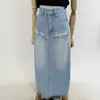 En stock Falda midi de mezclilla desgastada con capas, abertura trasera y dobladillo deshilachado, estilo chic coreano, cintura alta, falda elegante 18897