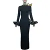 Comércio Exterior Vestido Feminino Europeu e Americano Gola Redonda Cravejado de Diamantes Mangas Sino Estilo Dama Elegante Saia Bandage Vestido de Festa Vestido