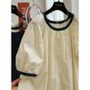 Camisa Francesa de Manga Abullonada Lista para Usar para Mujer Verano Nueva Casual Holgada Reductora de Edad Camisa Estilo Baby Doll Versátil Top de Cuello Redondo para Mujer