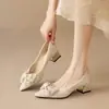 Zapatos de tacón grueso con punta fina y lazo adornado con pedrería, de punta baja, elegantes zapatos de vestir para mujer