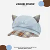 Gorra Octagonal de Estilo Japonés con Orejas de Gato a Cuadros Linda para Niñas, Cuadros Patchwork de Primavera y Otoño, Hace que la Cara Parezca Más Pequeña, Gorra de Boina Versátil