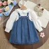 Conjunto de falda de tirantes de mezclilla para bebé niña estilo coreano con cuello de muñeca, manga larga, elegante conjunto de dos piezas para niños, lindo
