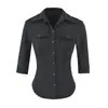 Camiseta Sexy de Manga Corta con Cuello Polo Francés y Bolsillo, de Botones, para Mujer, Verano, Chica Caliente, Costuras de Contraste, Cintura Ceñida, Top de Manga Media