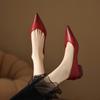 Zapatos Planos Rojos Retro Franceses de Punta Fina, Nuevos Zapatos Individuales Elegantes de Cuero Genuino de Piel de Oveja Poco Profundos para Mujer, Zapatos de Tacón Grueso para Commuter