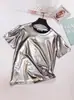Camiseta de Manga Corta con Cuello Redondo y Brillo Perlado para Mujer 2026, Tendencia Reflectante Holgada para Rendimiento