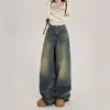 Jeans Azul Nostálgico Largo e Solto para Mulheres no Outono e Inverno Novo Estilo Retrô Americano Cintura Alta Skinny Reto Comprimento Total