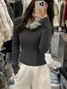 Elegante Suéter de Punto Trenzado con Cuello de Piel para Mujer, Nuevo Ajuste Delgado Elegante para Otoño e Invierno 2025, Camiseta Base de Punto Moderna