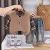 Conjunto de Ropa de Otoño para Niños, Nuevo Estilo Guapo para Niños de Primavera y Otoño, Elegante Conjunto de Tres Piezas de Suéter y Chaleco, Ropa para Bebé Dropshipping