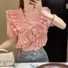Blusa de mujer de verano nueva estilo coreano dulce con volantes elástica de hombros descubiertos manga corta ajustada con escote de hombros descubiertos
