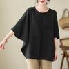 Blusa de Algodão e Linho Lisa com Mangas Morcego Soltas que Cobrem a Barriga para Mulheres, Novo Estilo Verão 2026, Camiseta Casual Artística de Linho com Manga Curta
