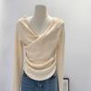 NUNBAI Tejido de Punto Francés para Mujer Nuevo Estilo Suave Primavera y Otoño Principios de Otoño Estilo Coreano Diseño con Sentido Cuello Oscilante Top de Manga Larga