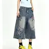 Jeans cropped estilo high street americano com estrela de cinco pontas para mulheres, novo modelo de verão 2026, solto, casual, modelador, calças femininas de comprimento médio de perna reta