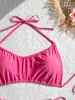 2026 Nuevo Talla Grande Transfronterizo Color Sólido de Cuello Halter Atado Sexy Estilo Europeo y Americano Dos Piezas Traje de Baño para Resort de Aguas Termales Playa para Mujeres