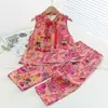 Traje de Algodón y Seda para Niñas Hanfu Qingdao Algodón Artificial Disfraz Tradicional Chino para Niños Bebé Niña Verano Dos Piezas Traje Tang