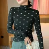 Camisa de Capa Interior H578 con Cuello Medio Alto y Lazo Floral para Mujer, Nueva Versátil de Primavera y Otoño, Ajustada, Manga Larga