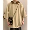Camiseta Polo Waffle Pesado para Hombre Marca Trendy Costuras Media Cremallera Manga Corta Suéter Camisa Cuello Siete Puntos Manga Camiseta Top
