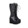 Botas de Mujer Impermeables con Plataforma y Cordones, Tallas 36-44, Estilo Europeo y Americano, Botas Martin de Caña Alta para Mujer Transfronterizas, Punta Redonda, Charol, Talla Grande, Suela Gruesa