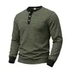 Camiseta Henley de manga larga a rayas simple retro casual para hombre de otoño e invierno, europea y americana, para exteriores y para ir al trabajo