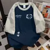 Camiseta de Manga Corta con Estampado de Dibujos Animados Chic de Peso Pesado - Nuevo Color Bloqueado de Verano 2026 Top Oversized