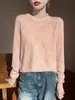Tricô Fino Tricô Feminino Gola Alta Meia Tricô Primavera e Outono Novo Renda com Contas Recorte Crochê Moda Top