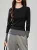 # Camiseta de Algodão Penteado Número 40 # Listras de Emenda Projetadas Falso Duas Peças Manga Longa Camiseta Feminina Camisa de Base Outono Top Exterior