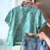 Blusa de Seda Estilo Chino con Cuello Alto de Botón Tradicional Chino, Camisa de Manga Corta, Camisa Jacquard Vintage de Seda de Morera para Mujer, Verano