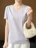 Estilo Novo Primavera e Verão 100% Algodão Penteado Gola U Manga Curta Camiseta Pulôver Feminina, Top Base Fresco e Leve