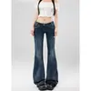 Calça Jeans Flare Azul Escuro Cintura Baixa Estilo Americano para Mulheres, Tendência Inverno 2025 Novo Estilo, Não Apertada nas Pernas, Emagrecimento Flare Longo