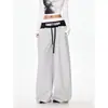 Calça Jogger Composta de Algodão Puro Original Falsa de Duas Peças para Mulheres t Nt Primavera e Outono Cintura Alta Cordão Solta Perna Larga Curva