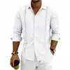 Camisa Masculina de Linho Respirável Amazon para Primavera e Outono com Design Vintage de Recorte Lateral, Gola Reversível, Manga Longa, Top Casual