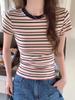 Camiseta de Rayas y Bloques de Color con Hombro Recto para Mujer, Nueva de Verano 2026, Ajustada, Manga Corta, Estilo Hot Girl, Top Básico