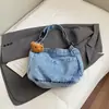 Bolsa de Lona Jeans Estilo Preguiçoso Bolsa de Ombro Feminina Estilo Coreano Retrô Faculdade Casual Bolsa de Compras Grande Capacidade Mochila para Aula