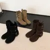 Cuero genuino de 4 cm, uso bidireccional, botines de suela gruesa, gamuza de vaca para mujer, tacón grueso, hebilla de cinturón, estilo Western