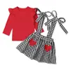 Traje de Dos Piezas para Niña Estilo Europeo y Americano Primavera y Otoño Día de San Valentín Top de Manga Larga + Falda con Tirantes de Cuadros y Lazo