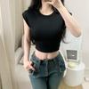 Top Retro Estilo Americano Ajustado Ombligo 2024 Verano Cintura Ajustada Corto Dulce Chica Picante Hombro Manga Corta Camiseta de Mujer Nuevo