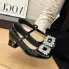 Salto Grosso Aumentado 7cm Sapatos Mary Jane Franceses Femininos 2025 Primavera Novo Estilo Fivela Quadrada Strass Saltos Altos Pequenos