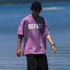 Camiseta de Manga Corta para Hombre, Marca de Moda Trendy Lavada al Agua con Spray DIY, Corte Holgado Estilo Americano de Peso Pesado, Top Redondo con Insignia para Usar en Capas