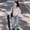 Conjunto de Sudadera con Capucha a Cuadros Bloque de Color Estilo Universitario y Jeans de Estrella Coreana para Niños Mayores - Primavera y Otoño 2026