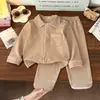 Conjunto de Pijama de Algodão Puro para Meninas, Primavera e Outono, Cardigan com Gola Lapela, Classe A, Manga Longa, para Crianças Médias e Maiores, Atacado