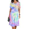 Vestido Feminino Estampa Degradê Elegante Casual Gola Redonda Manga Curta Vestido de Verão Moda Feminina