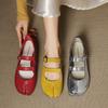 Sapatos Rasos Mary Jane Únicos com Dedos Divididos e Novo Design de Fivela Dupla, Feitos de Couro Bovino de Camada Superior, Disponíveis em Tamanhos Grandes, Sapatos Rasos Femininos de Calçar