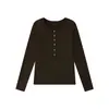 Camisa Básica Henley para Mulheres em Tencel Lyocell e Lã de Ovelha, Manga Longa para Outono e Inverno com Botões de Madrepérola e Listras de Acetato