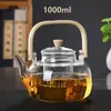 Tetera Elevable Cuadrada de Vidrio Resistente al Calor de Alto Borosilicato con Asa de Bambú Tetera para Hervir Agua Tetera de Vidrio de Gran Capacidad con Filtro para el Hogar