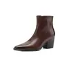 Botas femininas de primeira camada em couro bovino com lavagem de cor, botins de salto grosso, novo estilo outono/inverno, bico quadrado, zíper lateral, acabamento desgastado, botinhas de salto alto com bico quadrado para mulheres