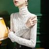Nueva Camisa de Otoño con Cuello Alto de Encaje para Mujer, Cuadros, Ajustada, con Pendientes, Top Negro de Manga Larga